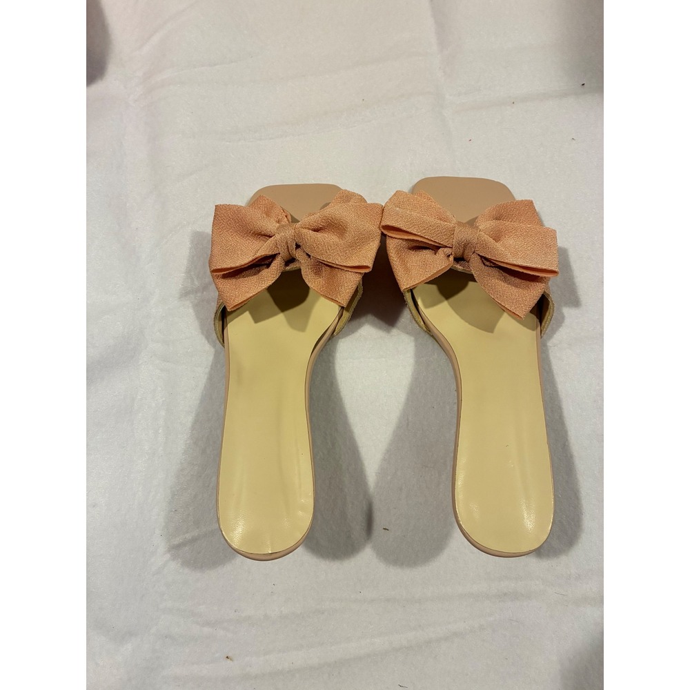 Peach Bow Kitten Heel Slides Square Toe Spool Heel Sandals Size 39